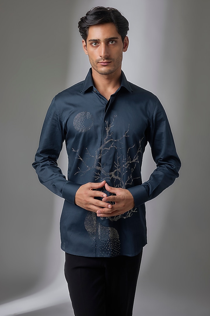 Navy Blue Giza Cotton Embellished Party Wear Shirt by SALIL BHATIA at Pernia's Pop Up Shop