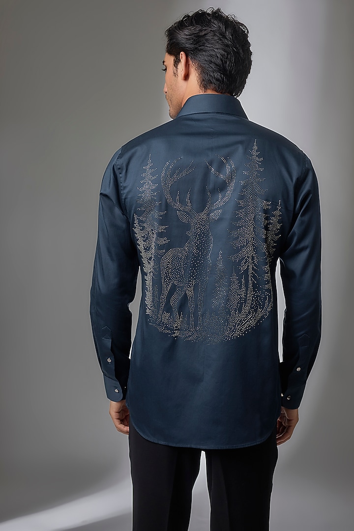 Navy Blue Giza Cotton Embellished Party Wear Shirt by SALIL BHATIA at Pernia's Pop Up Shop