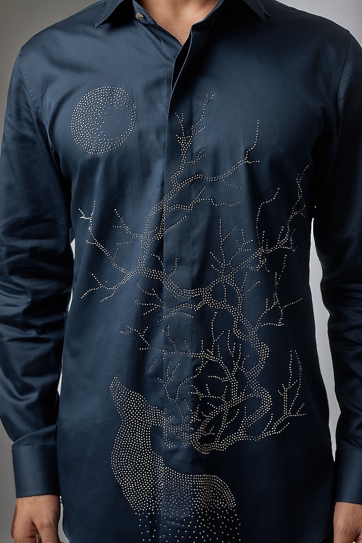 Navy Blue Giza Cotton Embellished Party Wear Shirt by SALIL BHATIA at Pernia's Pop Up Shop