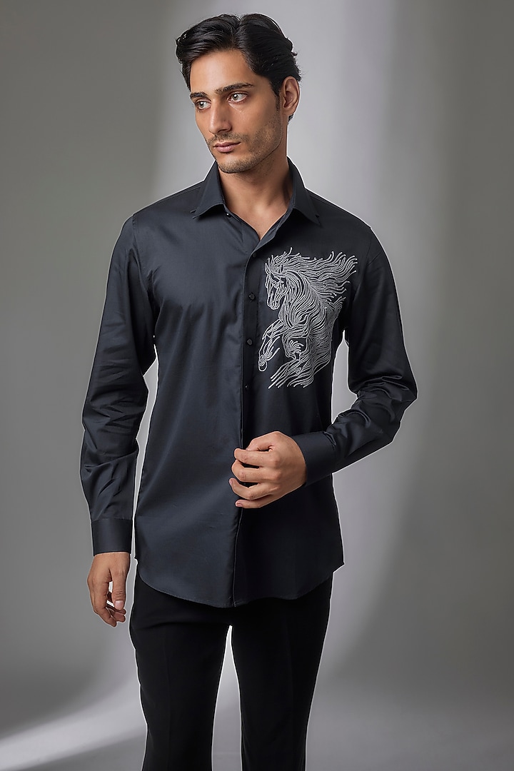 Navy Blue Giza Cotton Embroidered Party Wear Shirt by SALIL BHATIA at Pernia's Pop Up Shop