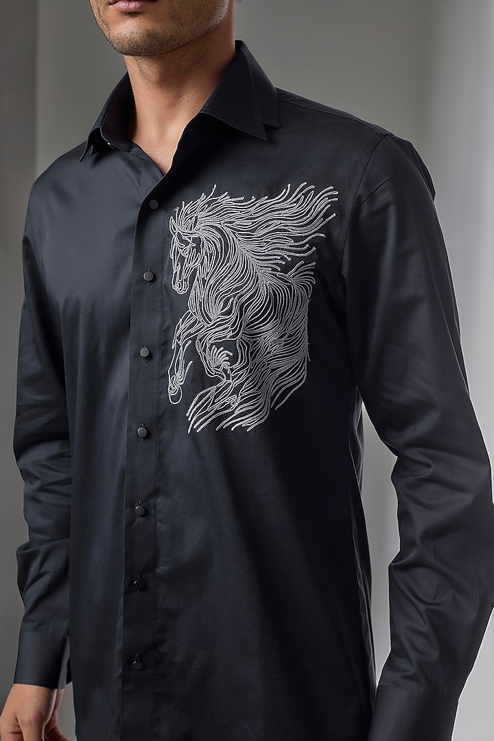 Navy Blue Giza Cotton Embroidered Party Wear Shirt by SALIL BHATIA at Pernia's Pop Up Shop