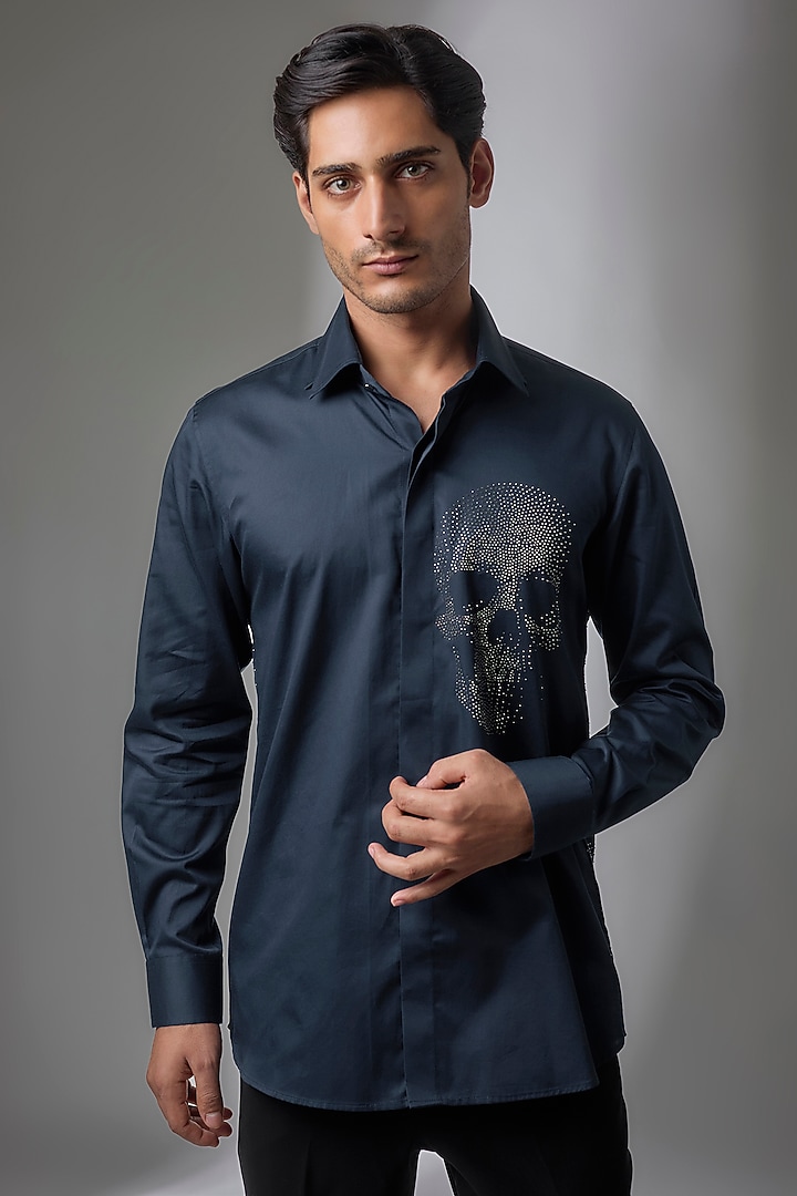 Navy Blue Giza Cotton Embellished Party Wear Shirt by SALIL BHATIA at Pernia's Pop Up Shop