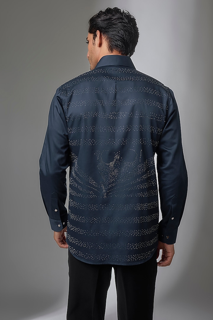 Navy Blue Giza Cotton Embellished Party Wear Shirt by SALIL BHATIA at Pernia's Pop Up Shop