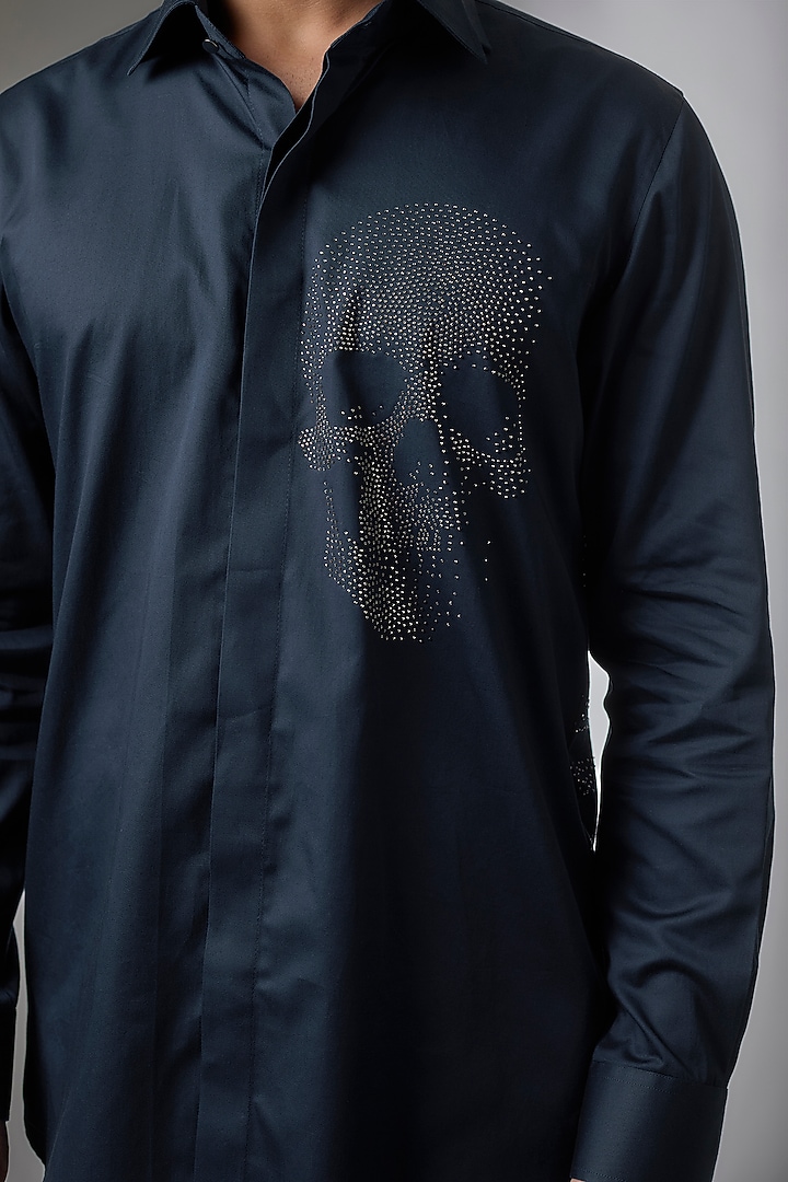 Navy Blue Giza Cotton Embellished Party Wear Shirt by SALIL BHATIA at Pernia's Pop Up Shop