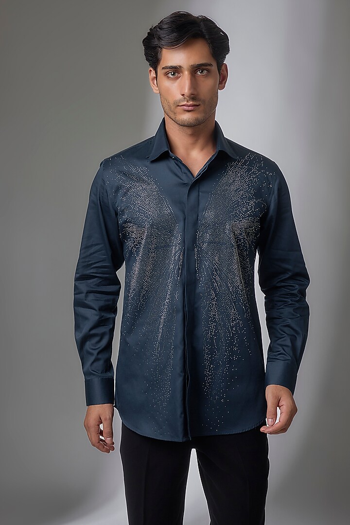 Navy Blue Giza Cotton Embellished Party Wear Shirt by SALIL BHATIA at Pernia's Pop Up Shop