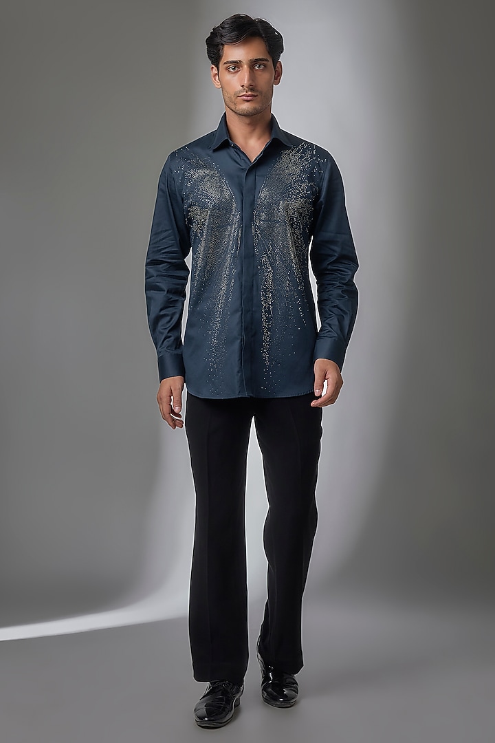 Navy Blue Giza Cotton Embellished Party Wear Shirt by SALIL BHATIA at Pernia's Pop Up Shop