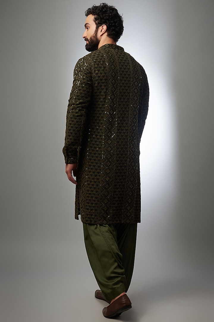 Military Green Georgette Embellished Kurta Set by SALIL BHATIA at Pernia's Pop Up Shop
