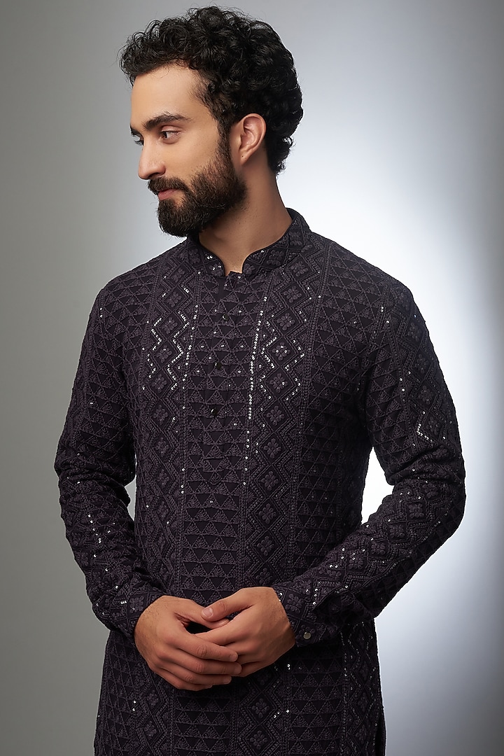 Plum Georgette Embellished Kurta Set by SALIL BHATIA at Pernia's Pop Up Shop