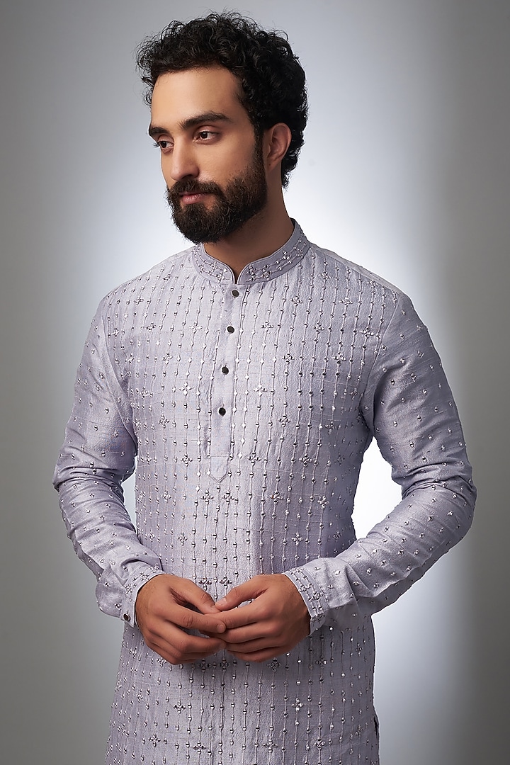 Lilac Raw Silk Embroidered Kurta Set by SALIL BHATIA at Pernia's Pop Up Shop