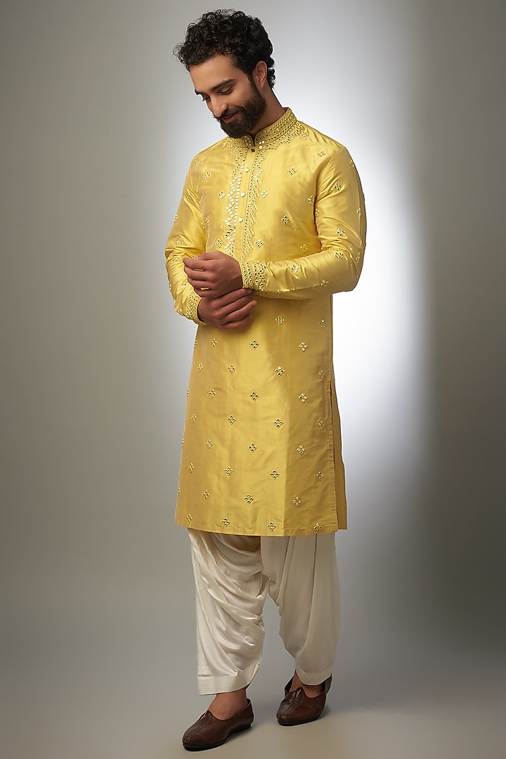 Yellow Pure Silk Embroidered Kurta Set by SALIL BHATIA