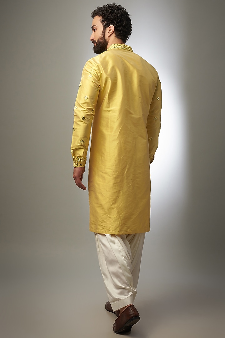 Yellow Pure Silk Embroidered Kurta Set by SALIL BHATIA at Pernia's Pop Up Shop