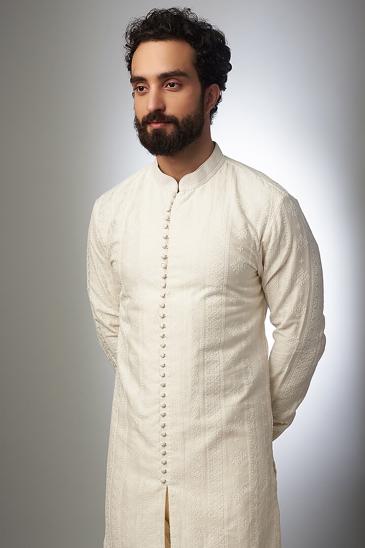 Ivory Silk Chanderi Embroidered Kurta Set by SALIL BHATIA at Pernia's Pop Up Shop