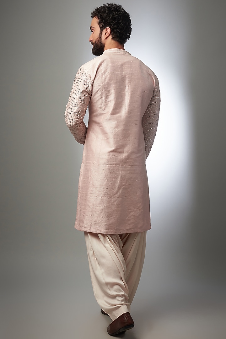 Shell Pink Raw Silk Embroidered Kurta Set by SALIL BHATIA at Pernia's Pop Up Shop