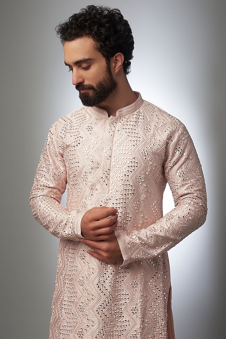 Shell Pink Raw Silk Embroidered Kurta Set by SALIL BHATIA at Pernia's Pop Up Shop