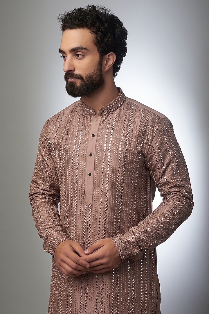Chestnut Pure Silk Embroidered Kurta Set by SALIL BHATIA at Pernia's Pop Up Shop