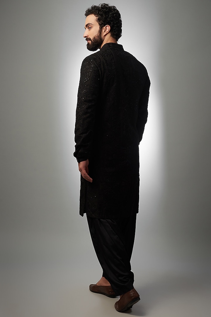 Black Silk Chanderi Embroidered Kurta Set by SALIL BHATIA at Pernia's Pop Up Shop