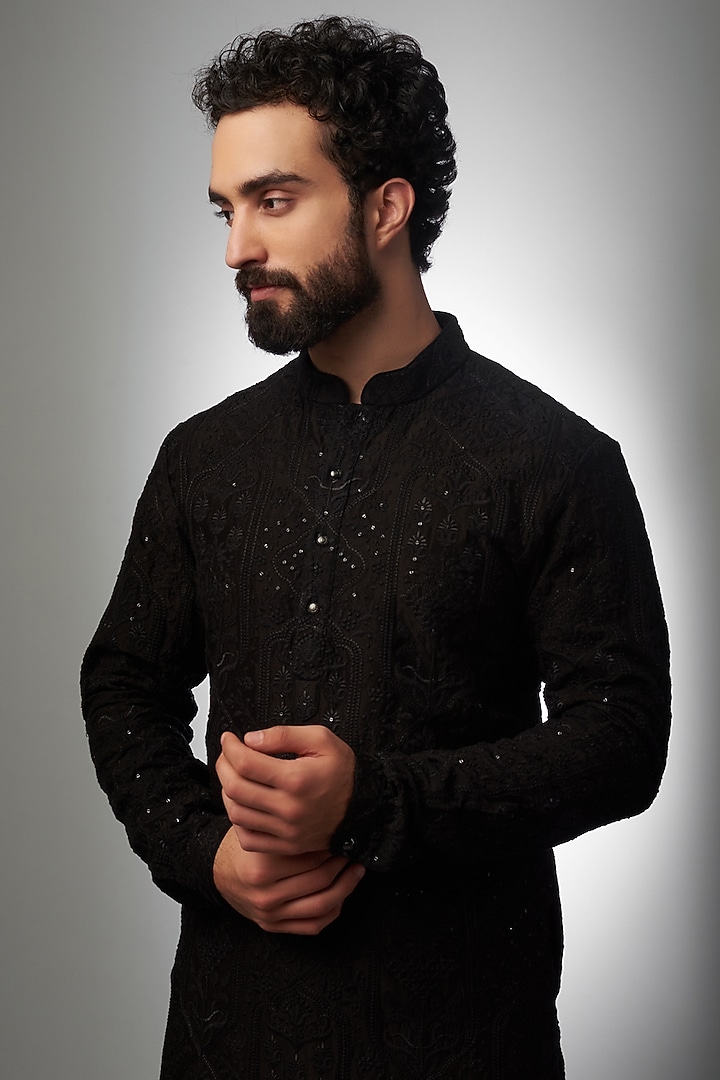 Black Silk Chanderi Embroidered Kurta Set by SALIL BHATIA at Pernia's Pop Up Shop