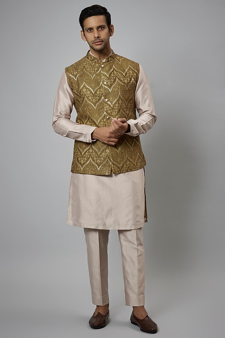 Mehendi Green Dola Silk Embellished Nehru Jacket Set by SALIL BHATIA at Pernia's Pop Up Shop