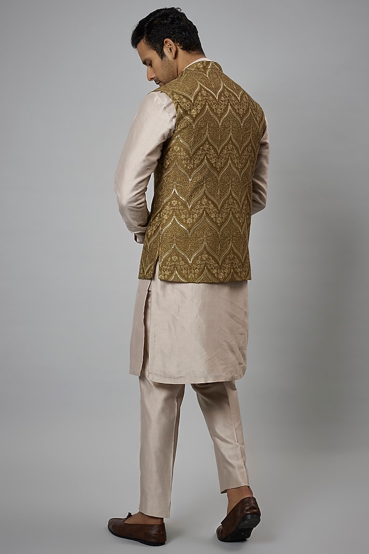 Mehendi Green Dola Silk Embellished Nehru Jacket Set by SALIL BHATIA at Pernia's Pop Up Shop