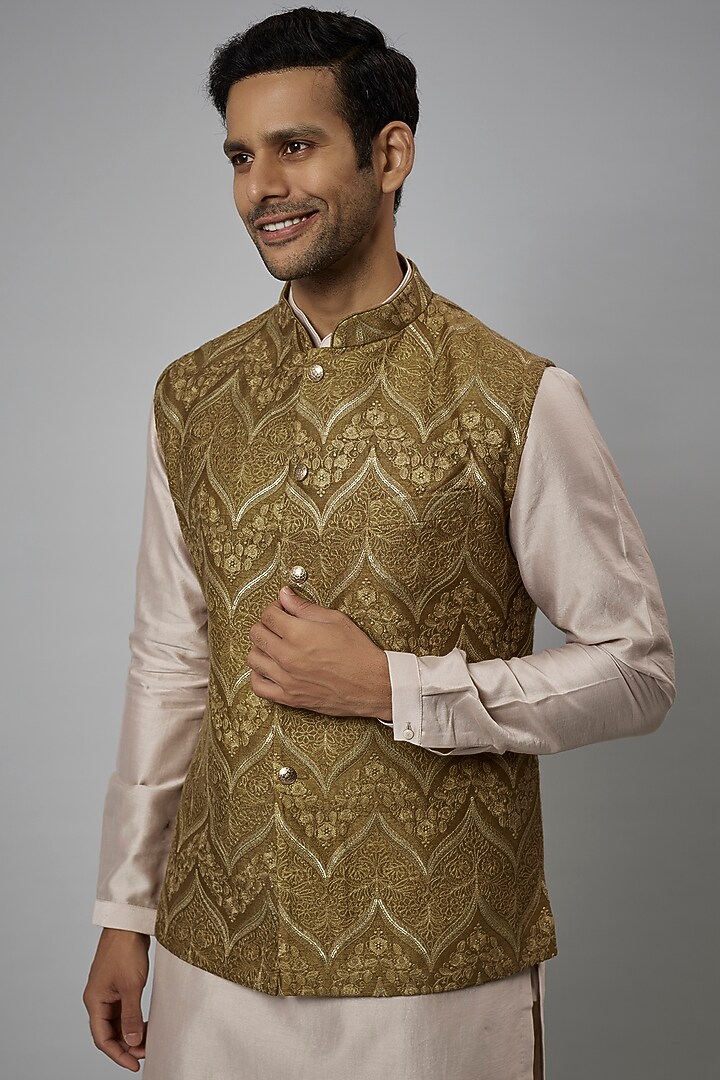 Mehendi Green Dola Silk Embellished Nehru Jacket Set by SALIL BHATIA at Pernia's Pop Up Shop