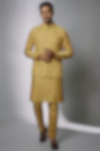 Pastel Yellow Georgette Embellished Nehru Jacket Set by SALIL BHATIA