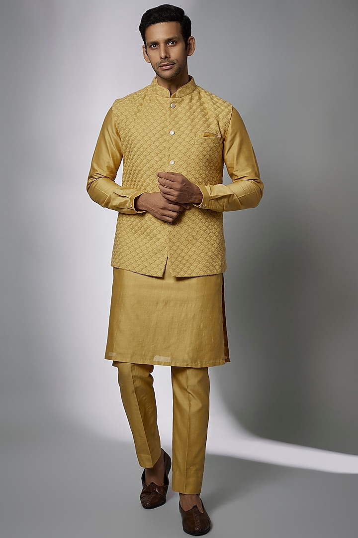 Pastel Yellow Georgette Embellished Nehru Jacket Set by SALIL BHATIA