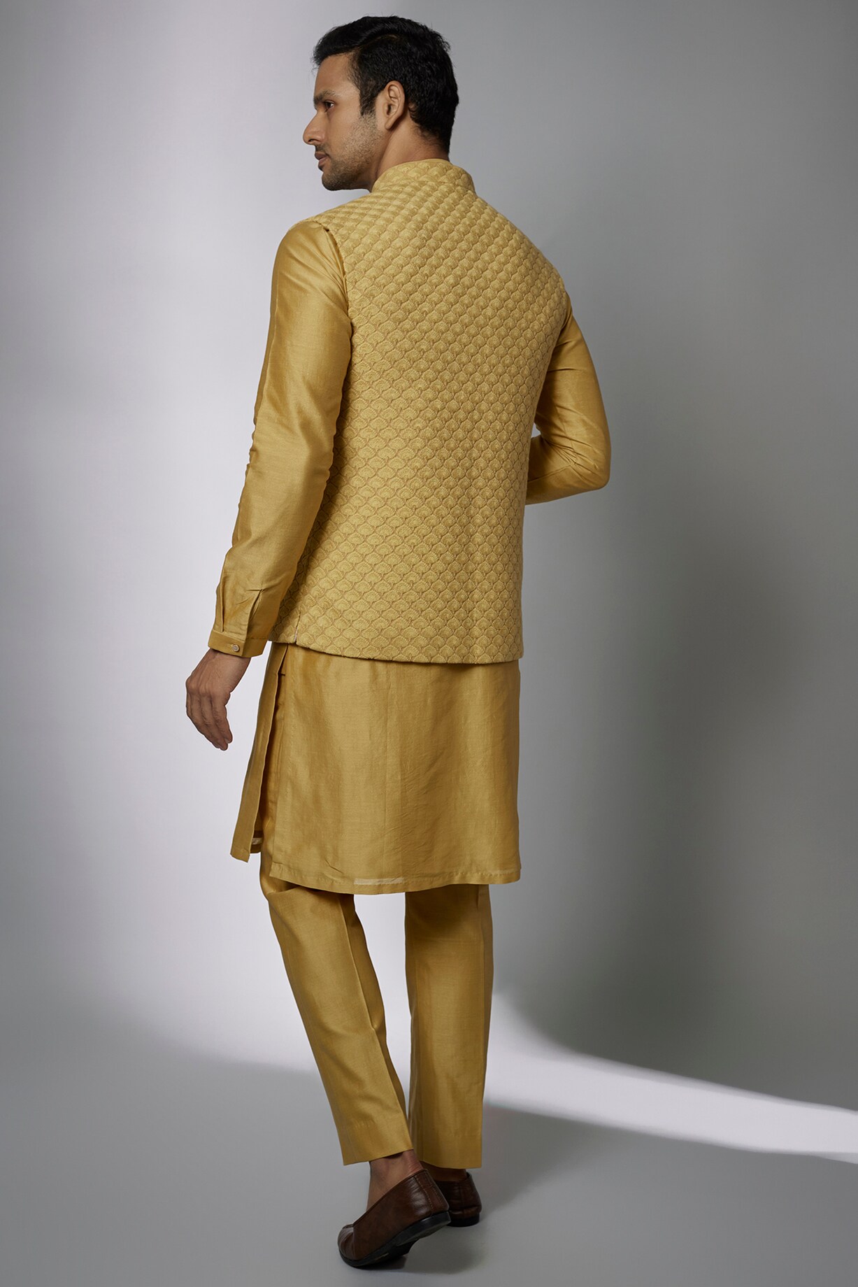 Buy SALIL BHATIA Pastel Yellow Georgette Embellished Nehru Jacket Set ...