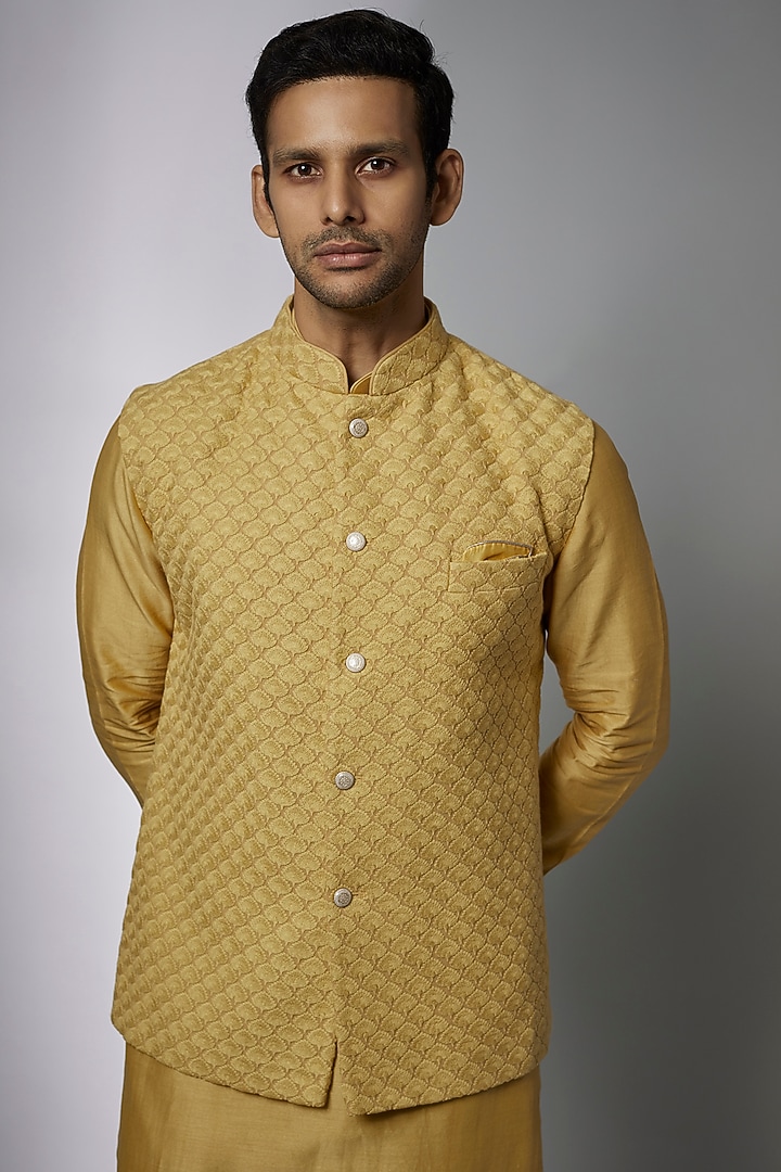 Pastel Yellow Georgette Embellished Nehru Jacket Set by SALIL BHATIA at Pernia's Pop Up Shop