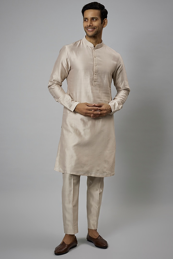 Beige Silk Chanderi Kurta Set by SALIL BHATIA at Pernia's Pop Up Shop