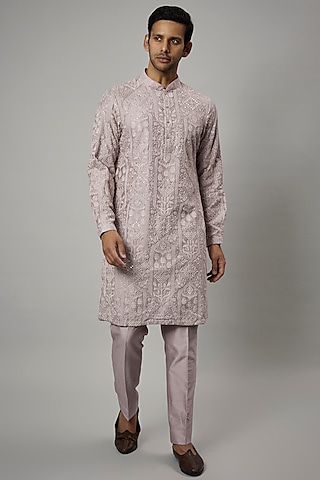 Lilac Silk Chanderi Embroidered Kurta Set by SALIL BHATIA