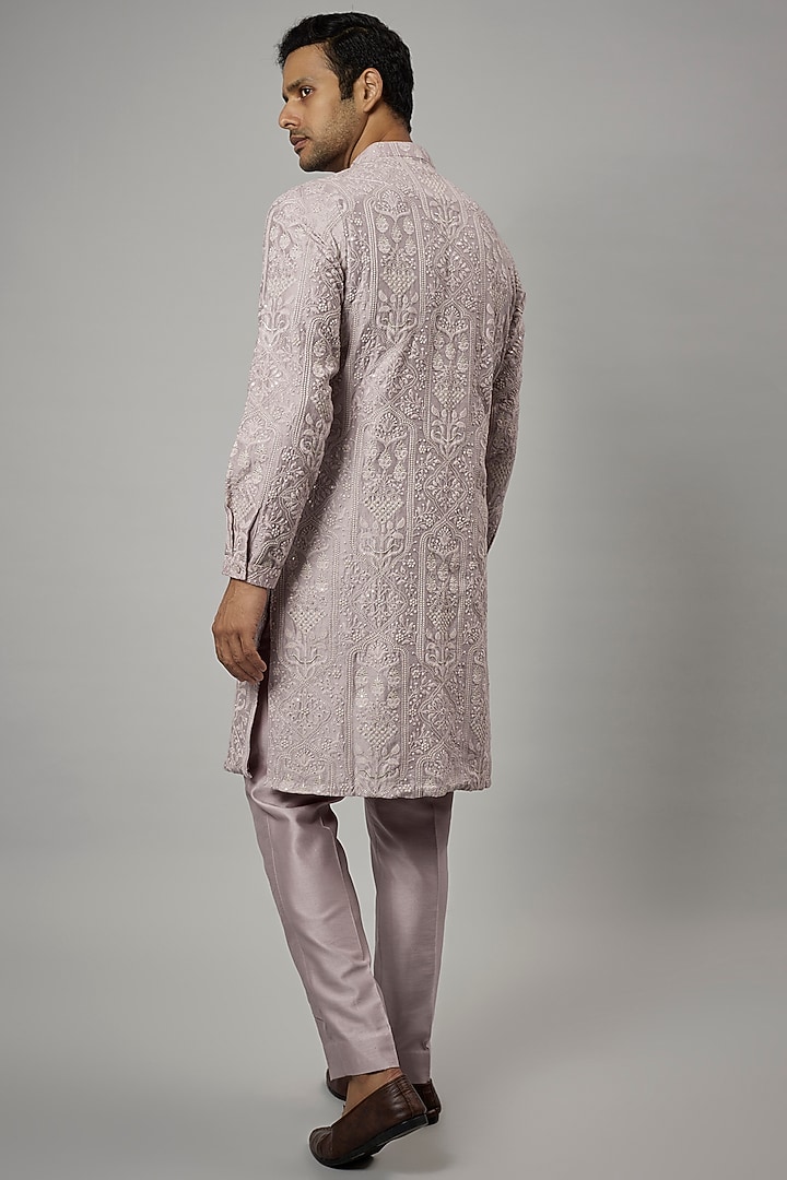 Lilac Silk Chanderi Embroidered Kurta Set by SALIL BHATIA at Pernia's Pop Up Shop