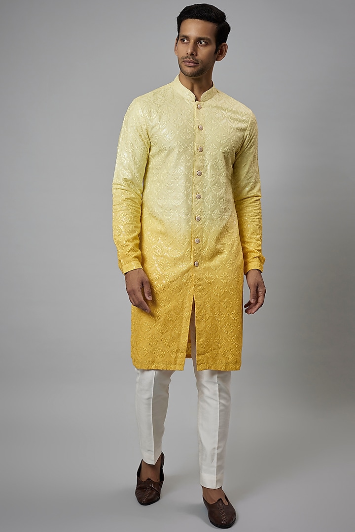 Yellow Ombre Dola Silk Embellished Kurta Set by SALIL BHATIA at Pernia's Pop Up Shop