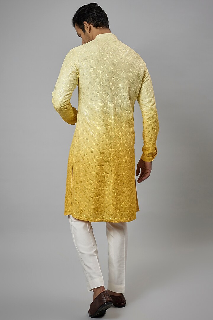 Yellow Ombre Dola Silk Embellished Kurta Set by SALIL BHATIA at Pernia's Pop Up Shop