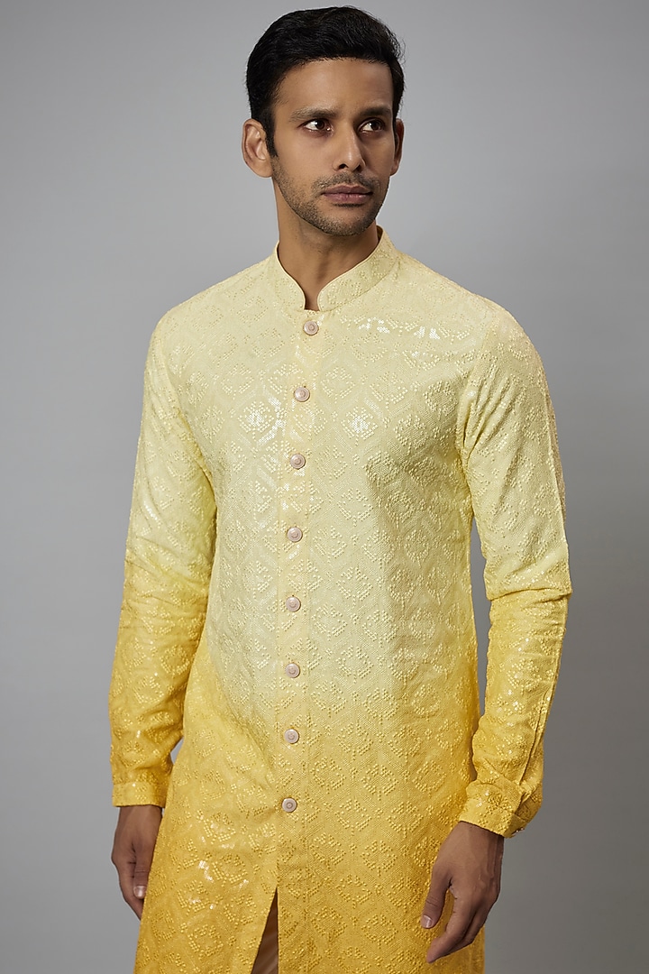 Yellow Ombre Dola Silk Embellished Kurta Set by SALIL BHATIA at Pernia's Pop Up Shop