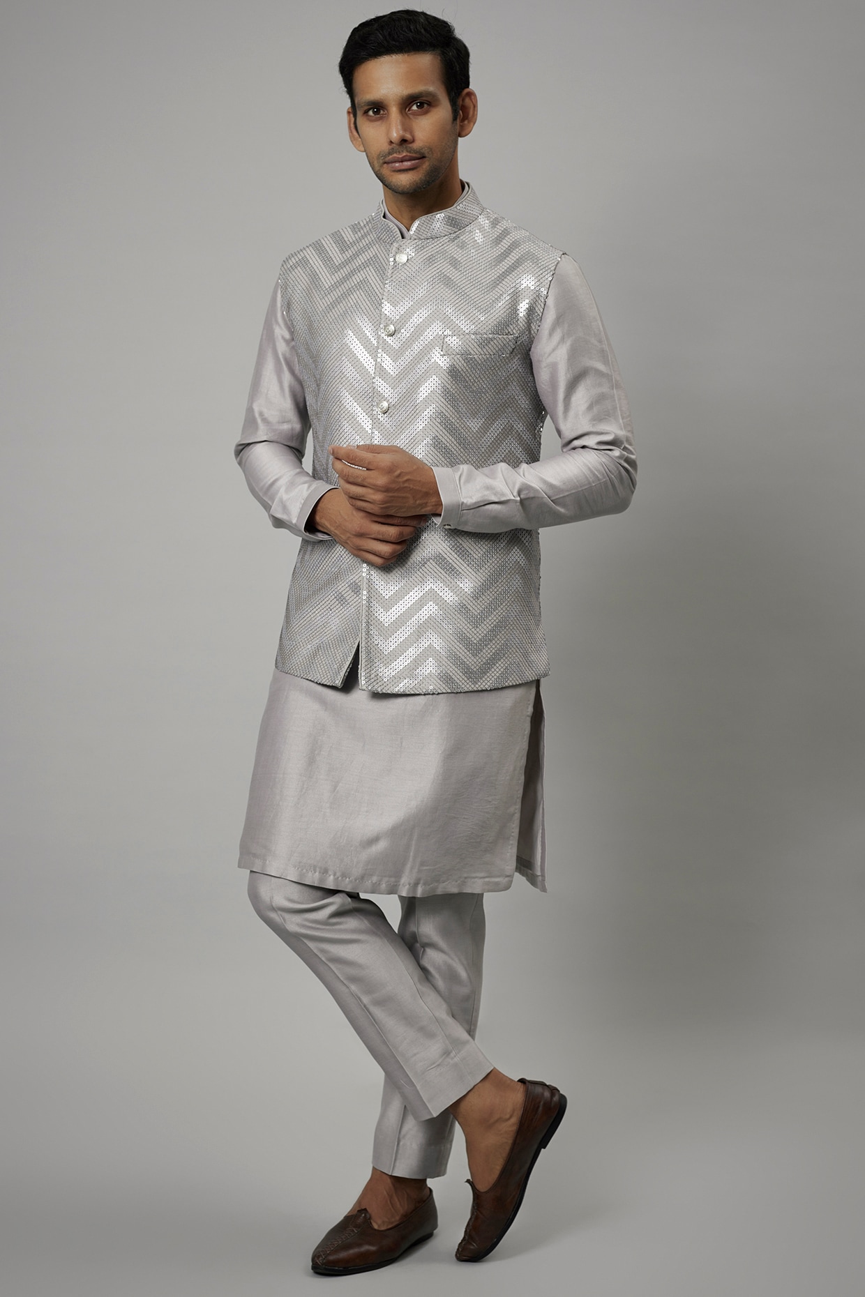 Buy Jaquard Banarasi Silk Cream Mens Nehru Jacket (NMK-6487) Online