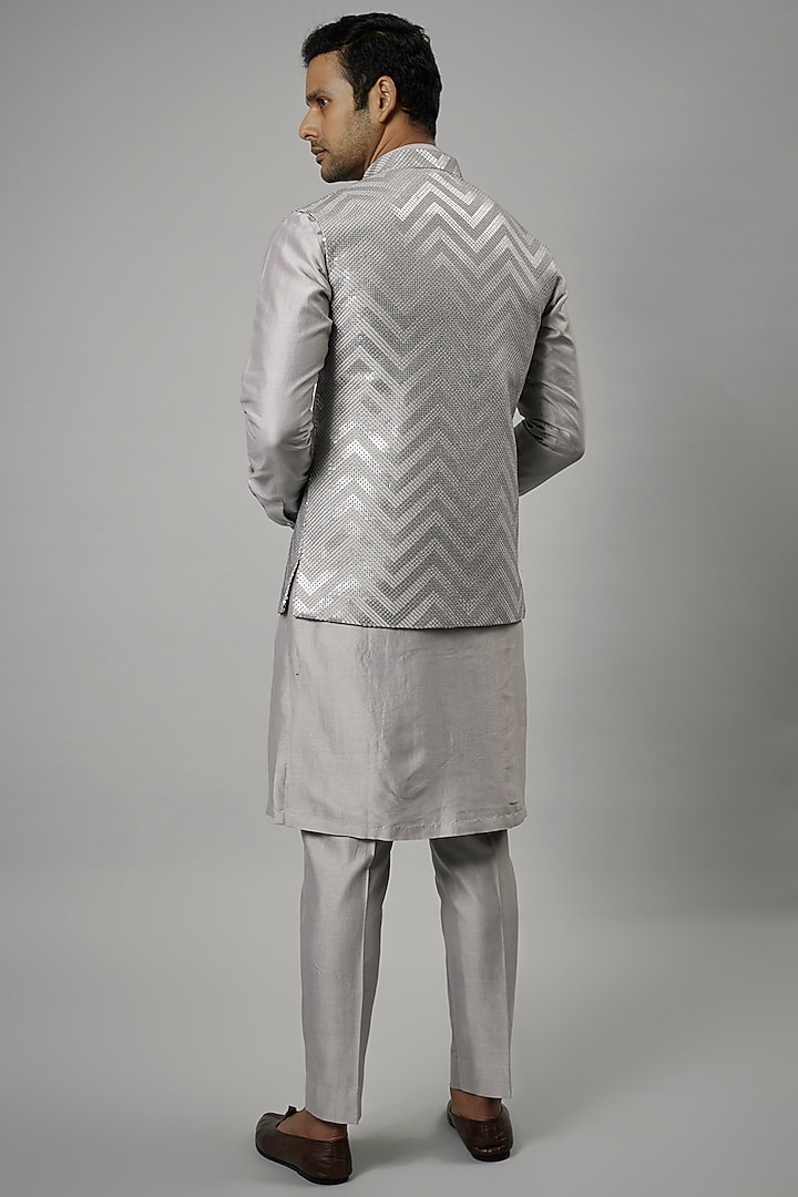Grey Dola Silk Embellished Nehru Jacket Set by SALIL BHATIA at Pernia's Pop Up Shop