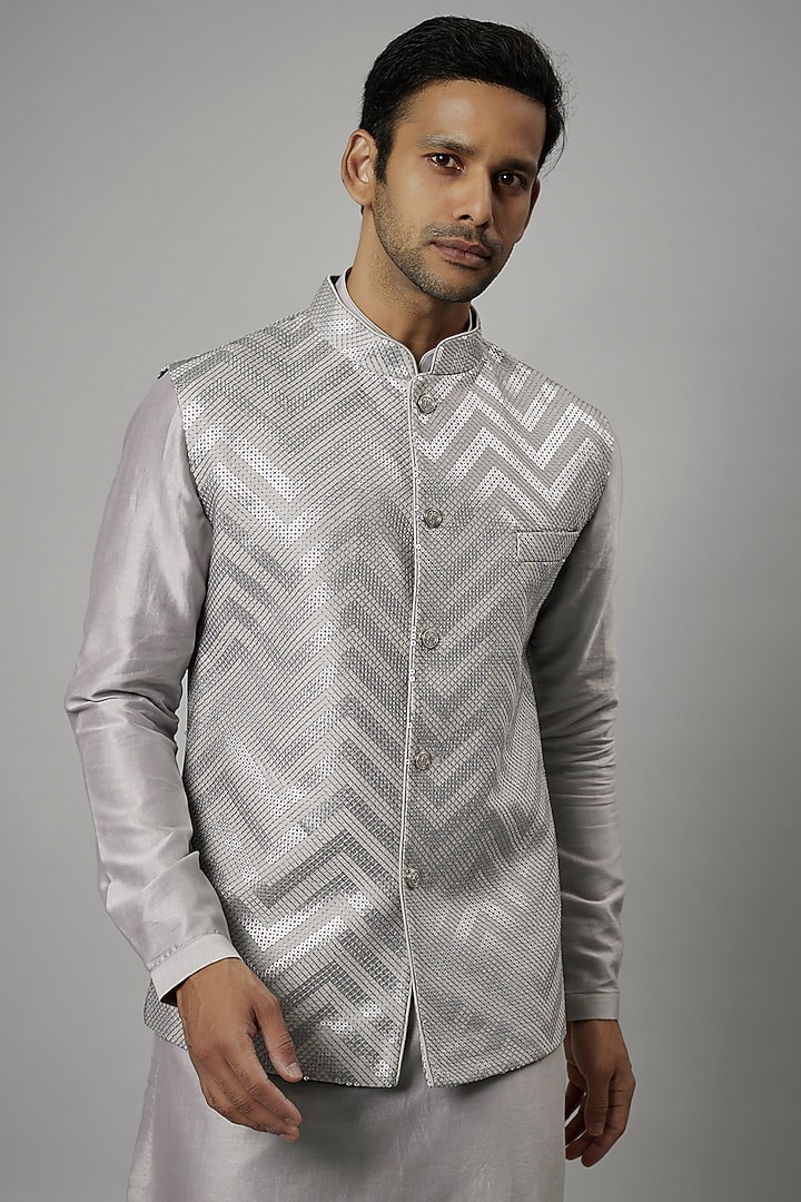 Grey Dola Silk Embellished Nehru Jacket Set by SALIL BHATIA at Pernia's Pop Up Shop