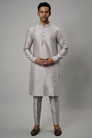 Grey Silk Chanderi Kurta Set by SALIL BHATIA