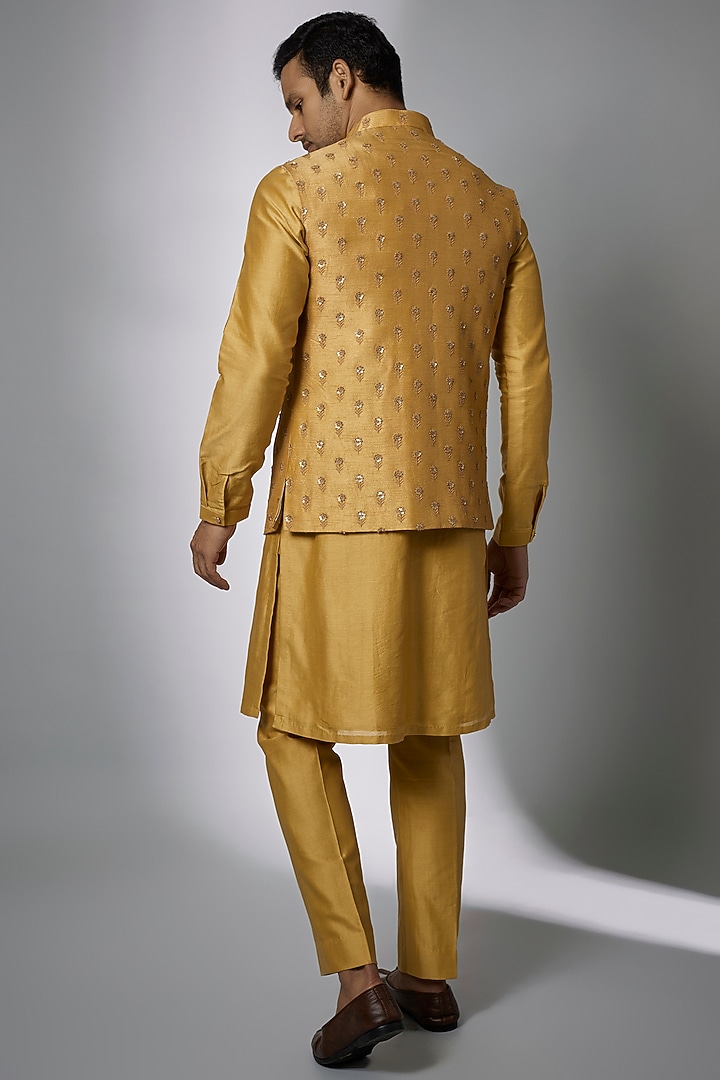 Yellow Dola Silk Embellished Nehru Jacket Set by SALIL BHATIA at Pernia's Pop Up Shop