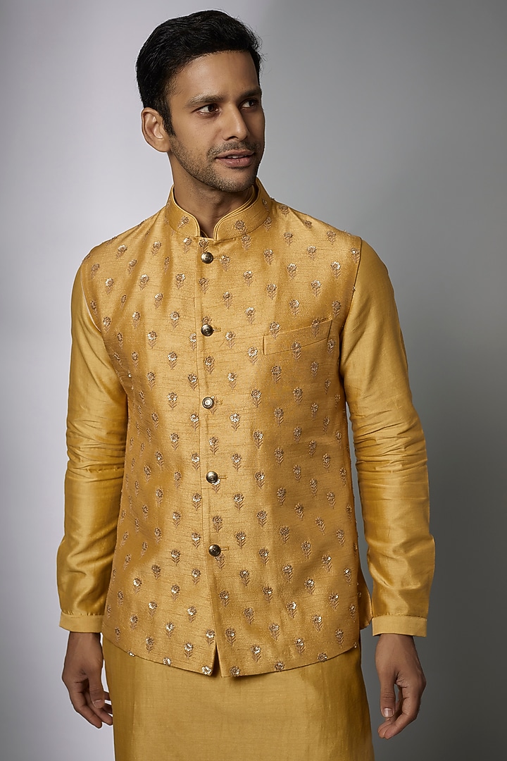 Yellow Dola Silk Embellished Nehru Jacket Set by SALIL BHATIA at Pernia's Pop Up Shop