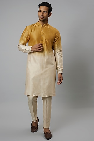 Yellow & Beige Ombre Silk Chanderi Kurta Set by SALIL BHATIA