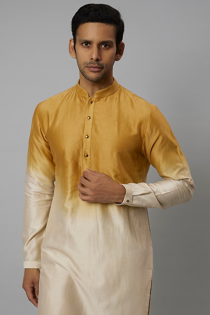 Yellow & Beige Ombre Silk Chanderi Kurta Set by SALIL BHATIA at Pernia's Pop Up Shop
