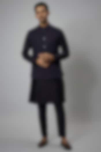 Navy Blue Dola Silk Embellished Nehru Jacket Set by SALIL BHATIA at Pernia's Pop Up Shop