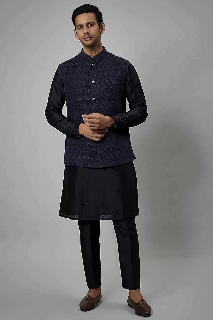 Navy Blue Dola Silk Embellished Nehru Jacket Set by SALIL BHATIA at Pernia's Pop Up Shop