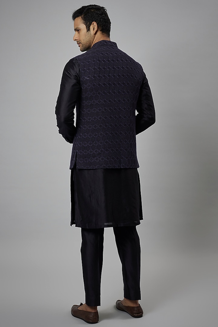 Navy Blue Dola Silk Embellished Nehru Jacket Set by SALIL BHATIA at Pernia's Pop Up Shop