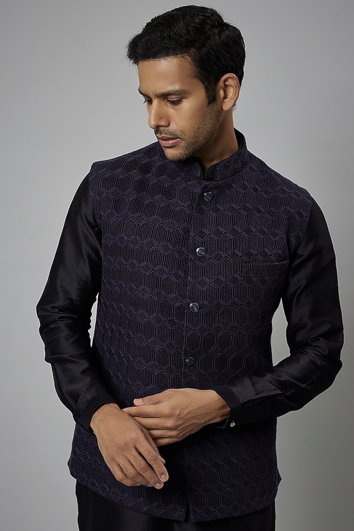 Navy Blue Dola Silk Embellished Nehru Jacket Set by SALIL BHATIA at Pernia's Pop Up Shop