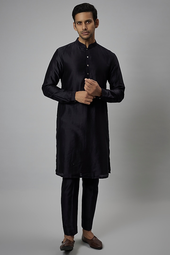 Black Silk Chanderi Kurta Set by SALIL BHATIA at Pernia's Pop Up Shop