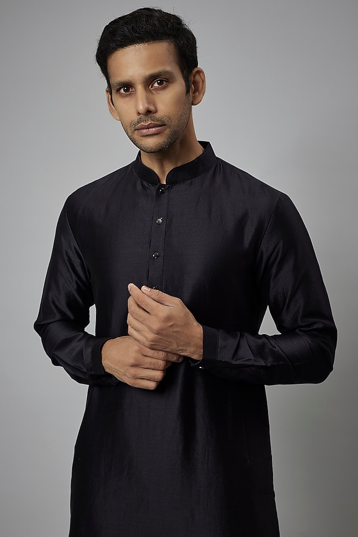 Black Silk Chanderi Kurta Set by SALIL BHATIA at Pernia's Pop Up Shop
