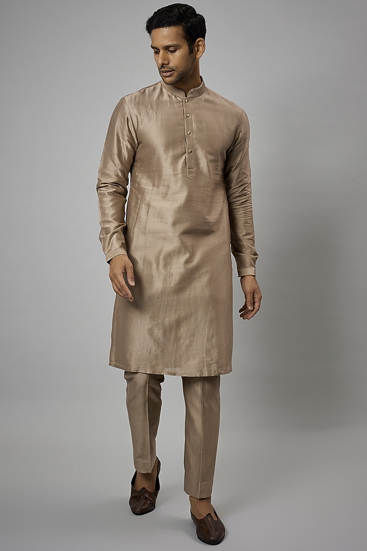 Dark Beige Silk Chanderi Kurta Set by SALIL BHATIA at Pernia's Pop Up Shop