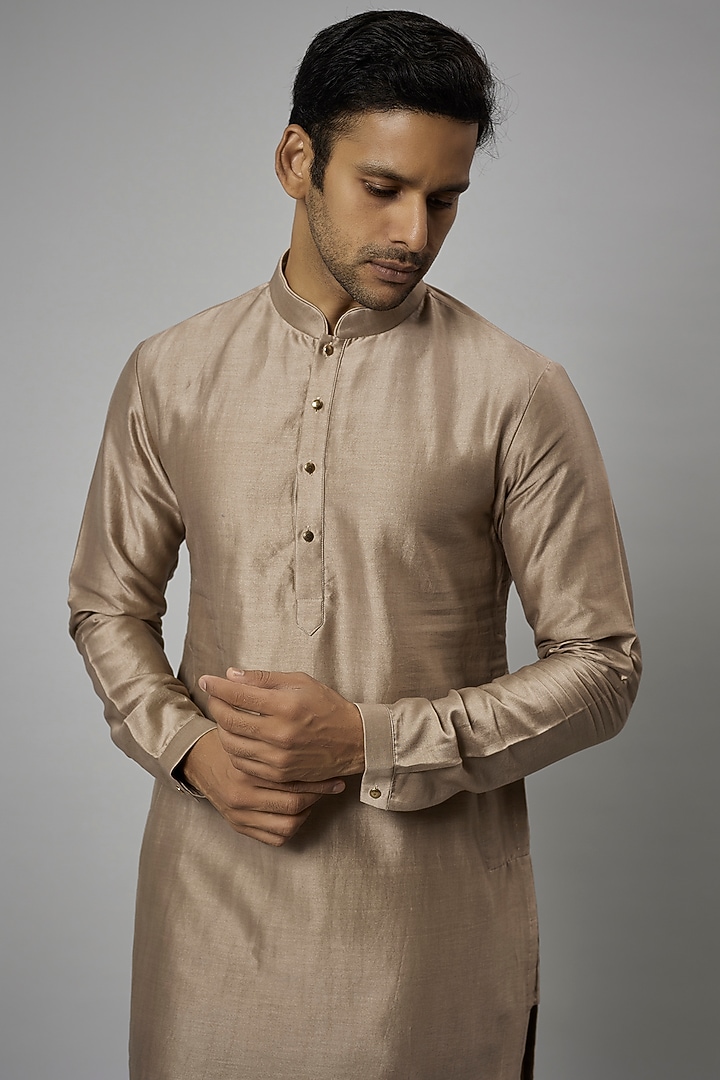 Dark Beige Silk Chanderi Kurta Set by SALIL BHATIA at Pernia's Pop Up Shop